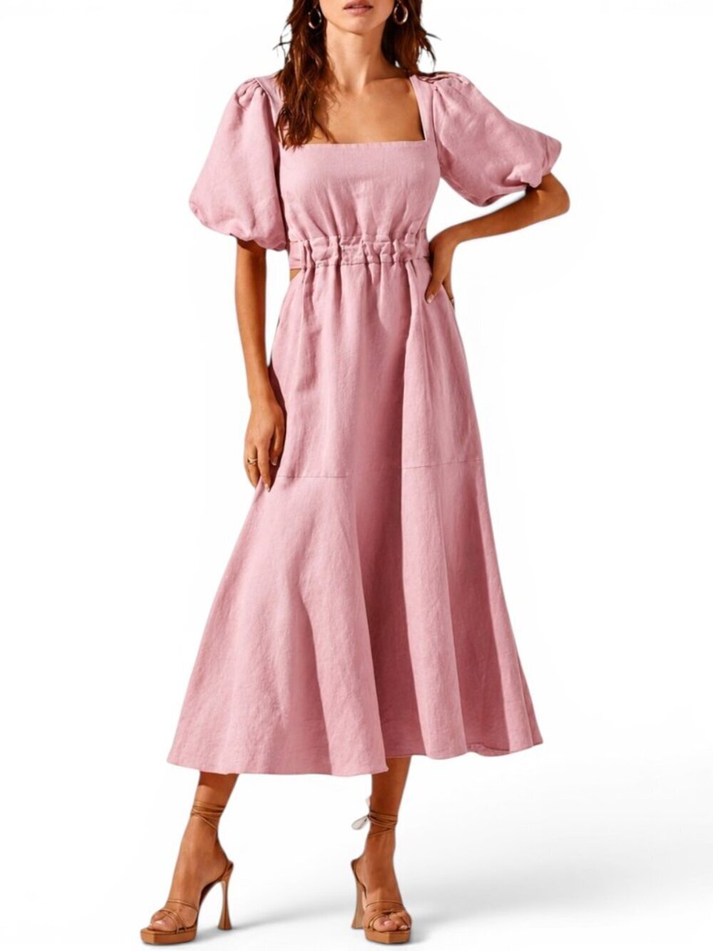 ASTR the Label Angeles Pink Puff Sleeve Cutout Midi Linen Blend Dress NWT New S